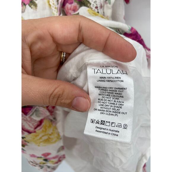 La Maison Talulah Tea Time Floral White Short Sleeve V-Neck Linen Mini Dress S - Picture 7 of 7